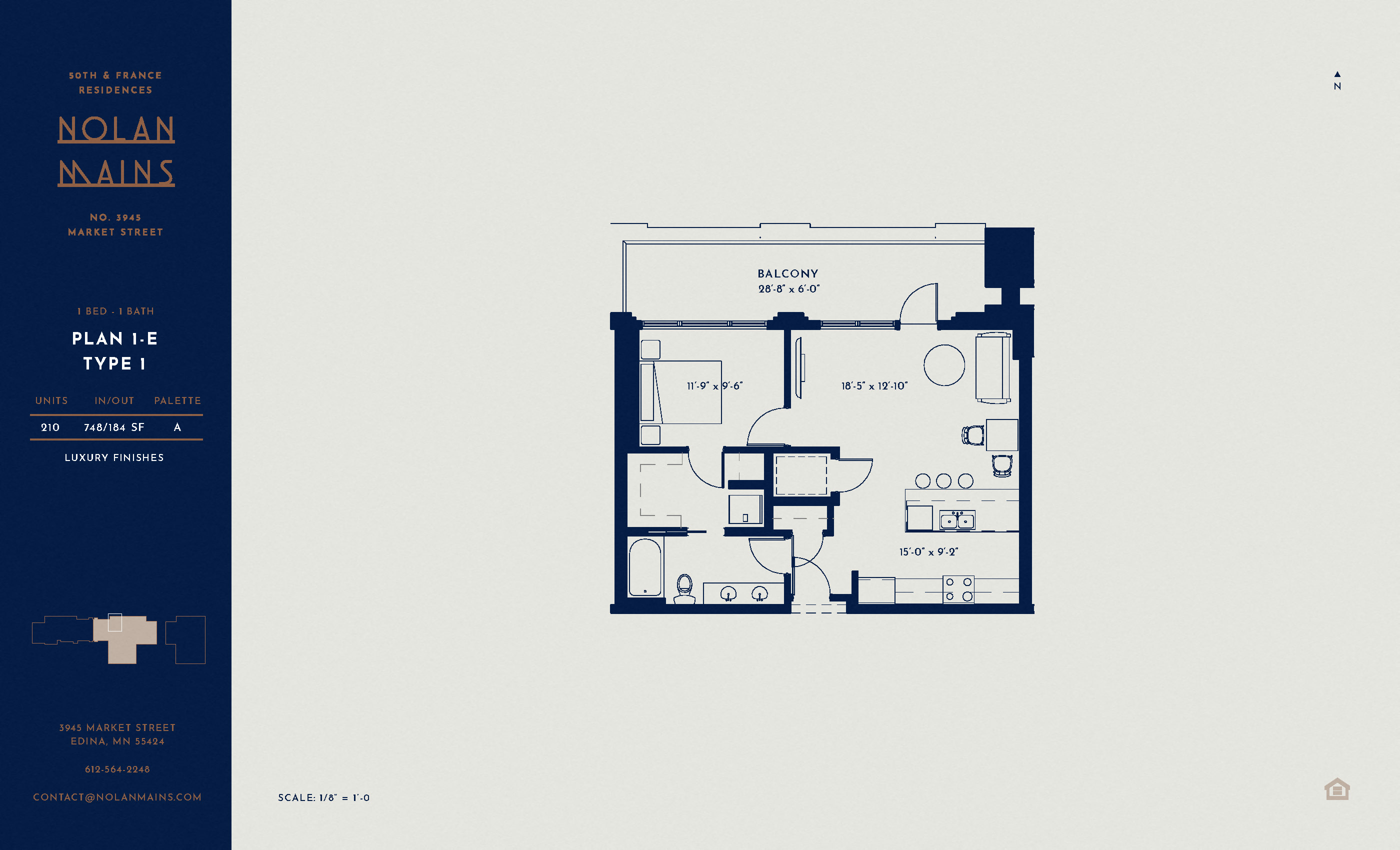 Floor plan for 1 bed, 1 bath, 748 sqft
